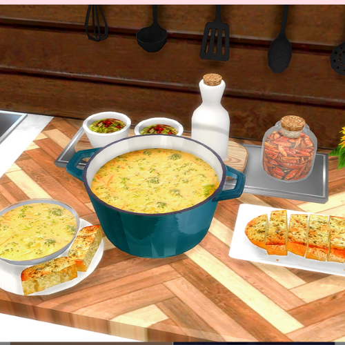 Broccoli Cheddar Soup with Garlic Bread Custom Recipe par Insimnia – Traduction française